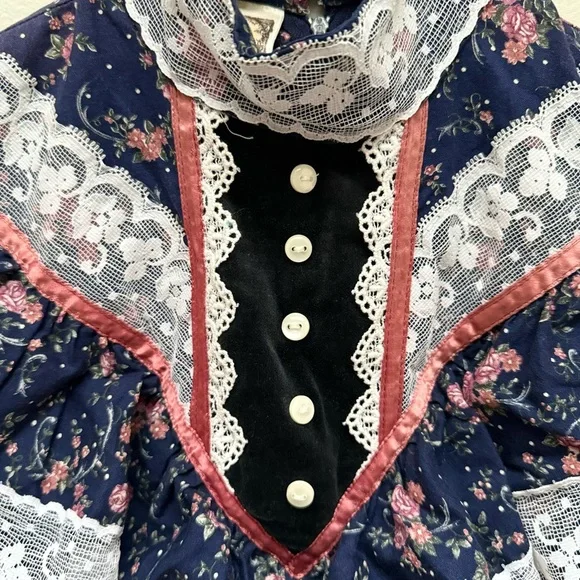 Vintage '70s Jessica McClintock Gunne Sax Navy/Pink Flower Dress - Picture 13 of 16